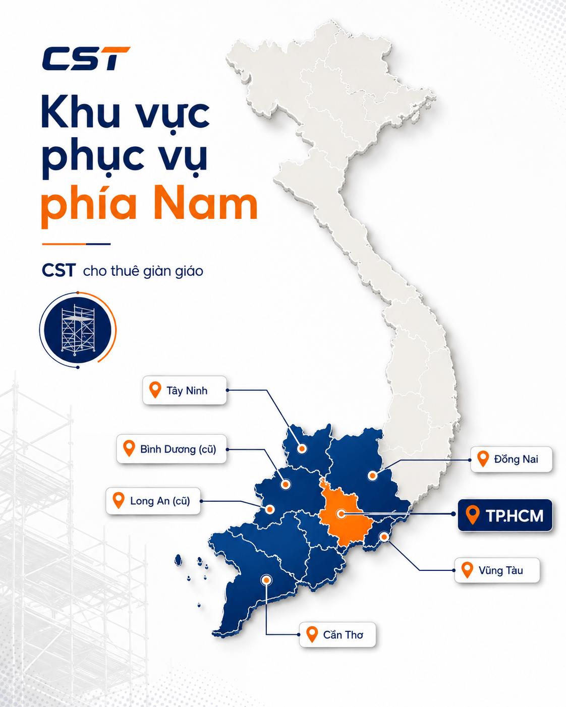 Bản đồ hình chữ S khu vực phục vụ phía Nam của CST gồm TP.HCM, Đồng Nai, Long An cũ, Bình Dương cũ, Tây Ninh, Vũng Tàu và Cần Thơ